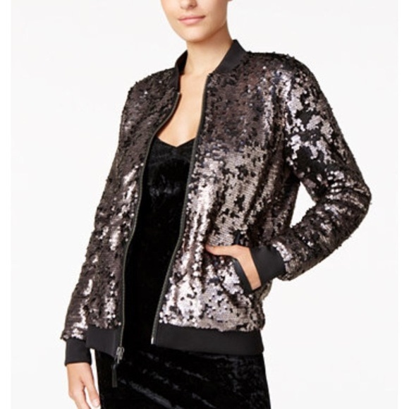 New GUESS Sequin Bling Bomber Gold Warm Jacket - Picture 1 of 5